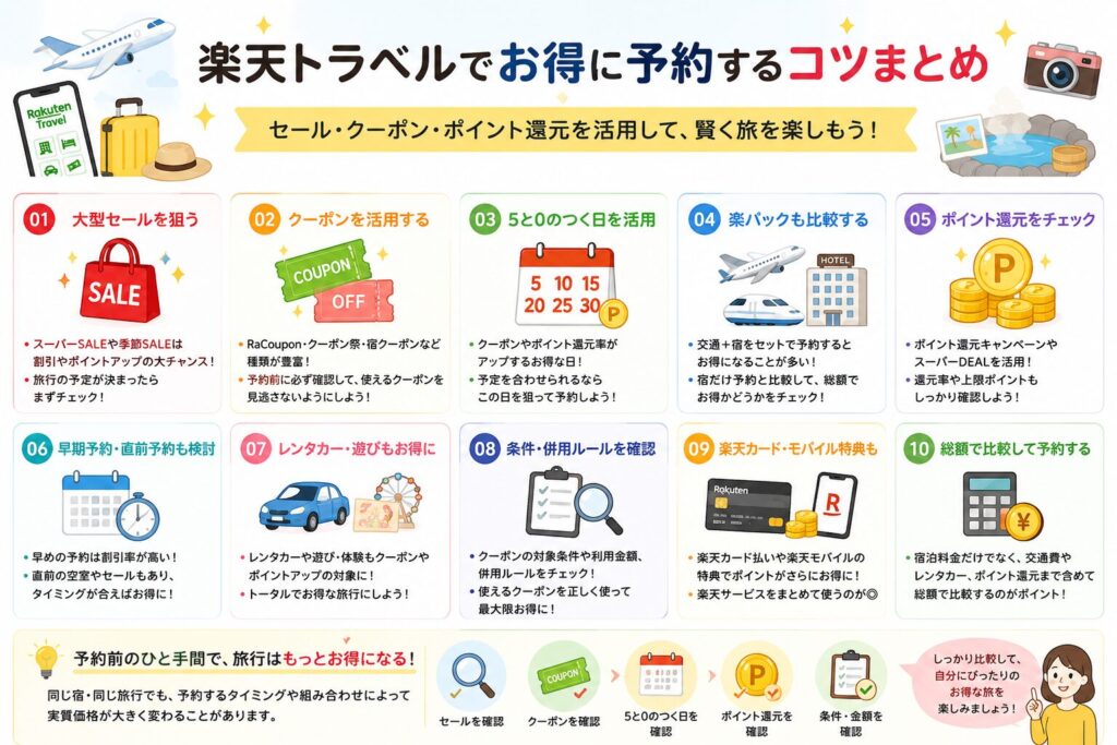 楽天トラベルでお得に予約するコツまとめ図