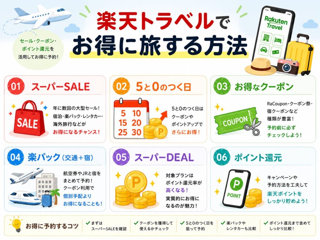 楽天トラベルのお得情報まとめ図